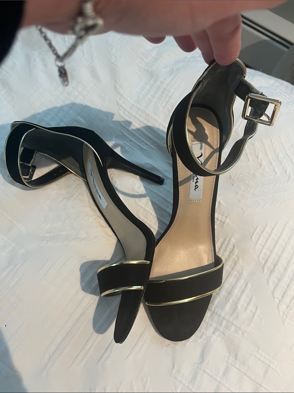Nina Black Open-Toe Ankle-Strap Heels with Gold Trim